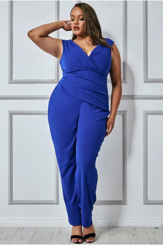 Bardot Scuba Jumpsuit - Royal Blue by Goddiva Plus sold by Goddiva