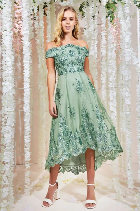Goddiva Bardot Sequin & Lace High Low Midi - Sage Green sold by Goddiva