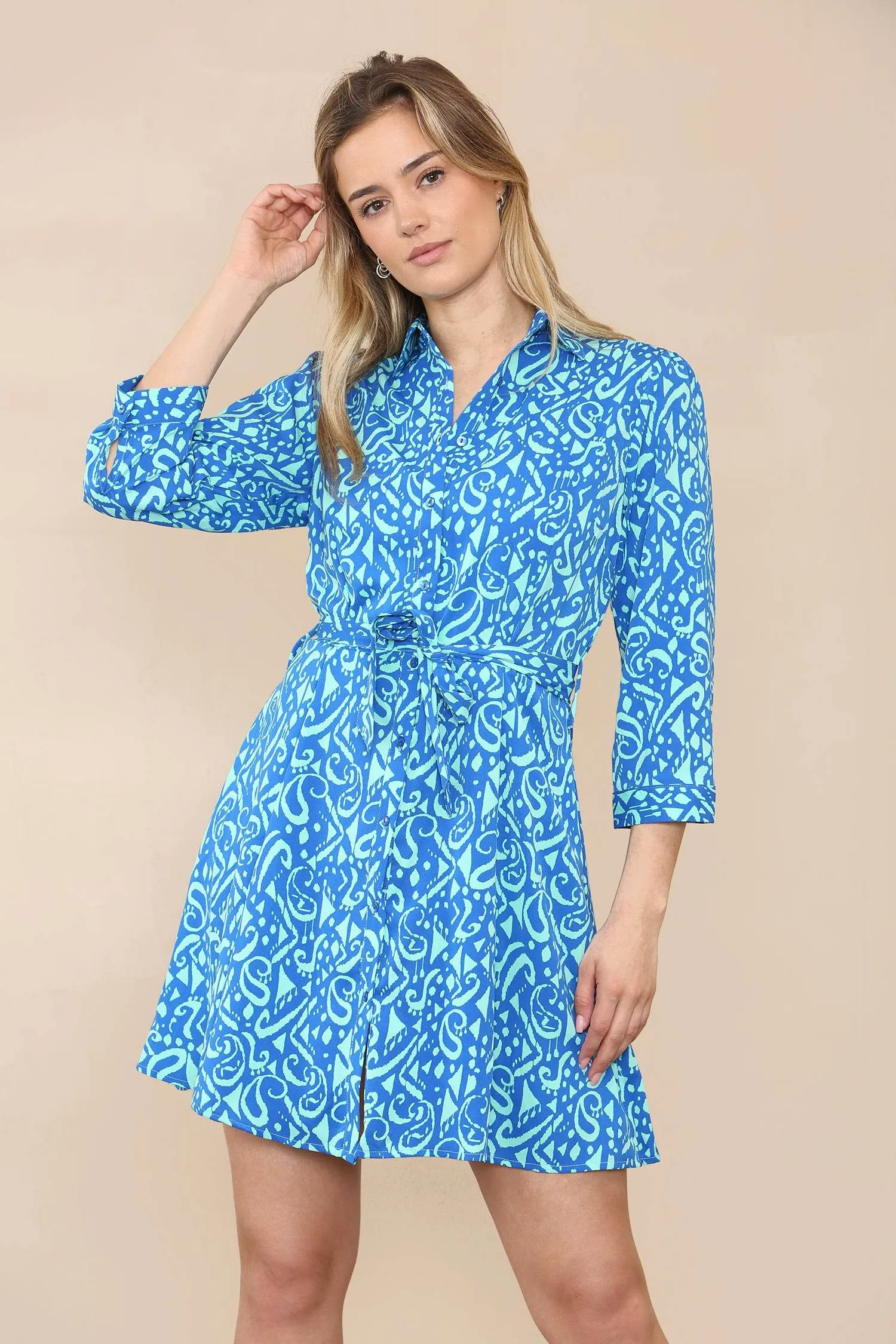 LOVE SUNSHINE Blue Mixed Paisley Print Mini Shirt Dress sold by Goddiva product image thumbnail 4