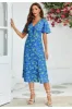 FS Collection Green Floral Print Angel Sleeve Midi Dress In Blue sold by Goddiva