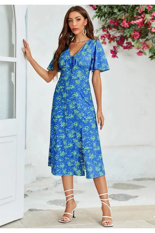 FS Collection Green Floral Print Angel Sleeve Midi Dress In Blue sold by Goddiva