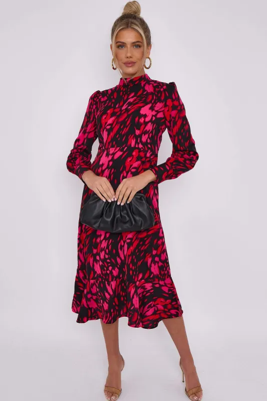 LOVE SUNSHINE Fuchsia Leoaprd Print Frilled Hem Midi Dress sold by Goddiva