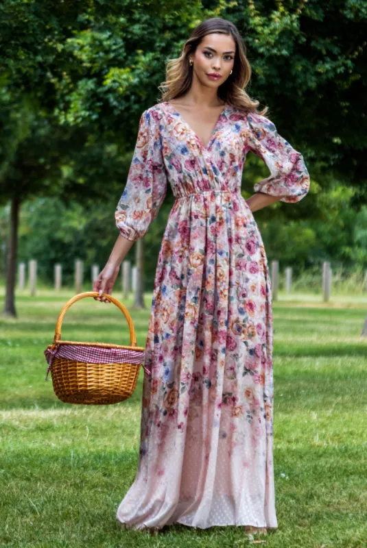Ombre Floral Printed Wrap Maxi Dress - Ivory by Goddiva sold by Goddiva