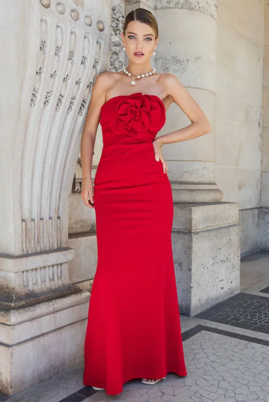 Goddiva Scuba Crepe Bandeau Rose Maxi Dress - Red sold by Goddiva