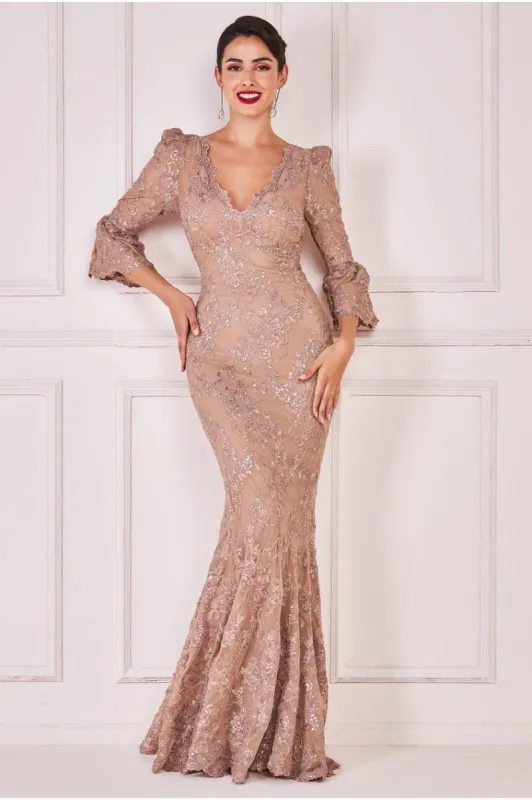 Goddiva Scalloped Lace Maxi Dress - Champagne sold by Goddiva