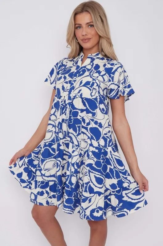 LOVE SUNSHINE Blue Paisley Floral Print Short Sleeve Flared Mini Dress sold by Goddiva