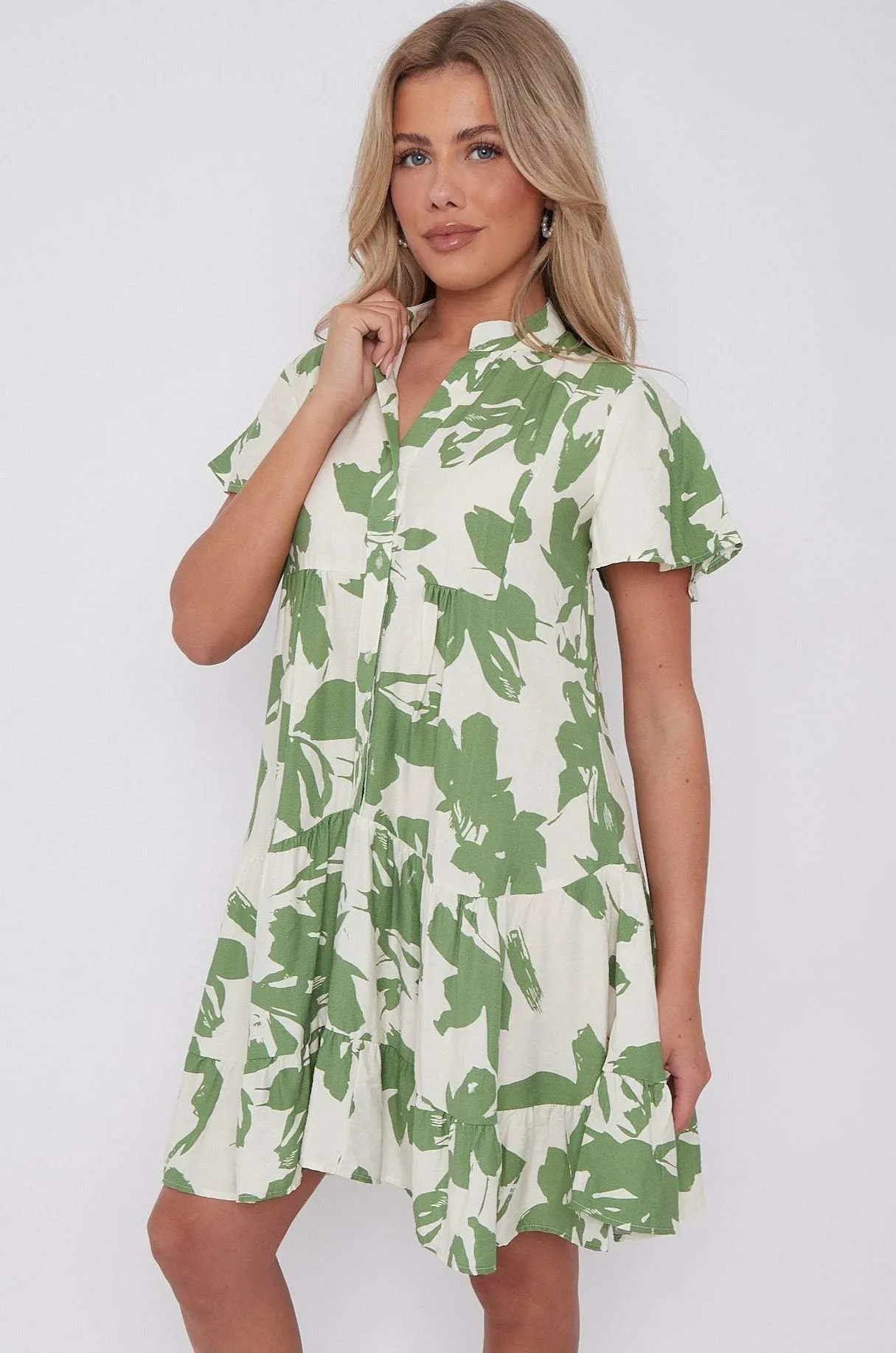 LOVE SUNSHINE Green Floral Print Short Sleeve Flared Mini Dress sold by Goddiva product image thumbnail 3