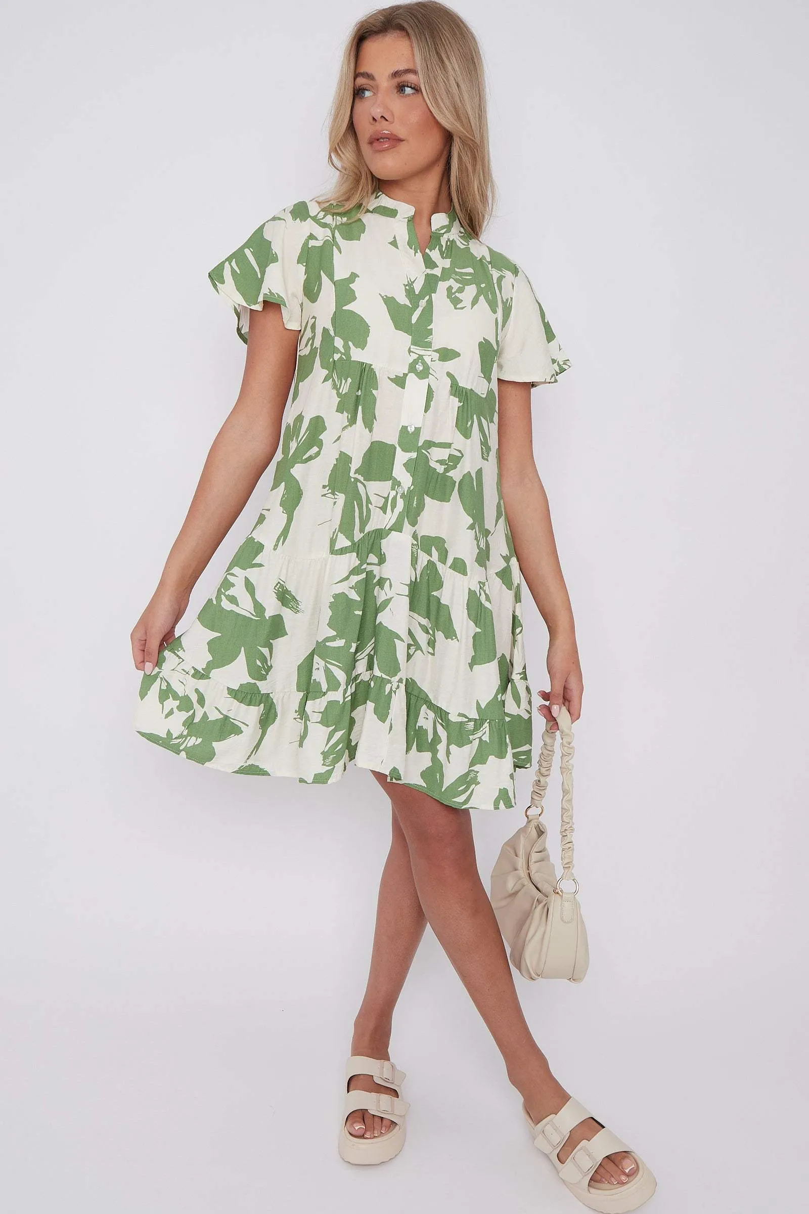 LOVE SUNSHINE Green Floral Print Short Sleeve Flared Mini Dress sold by Goddiva product image thumbnail 4