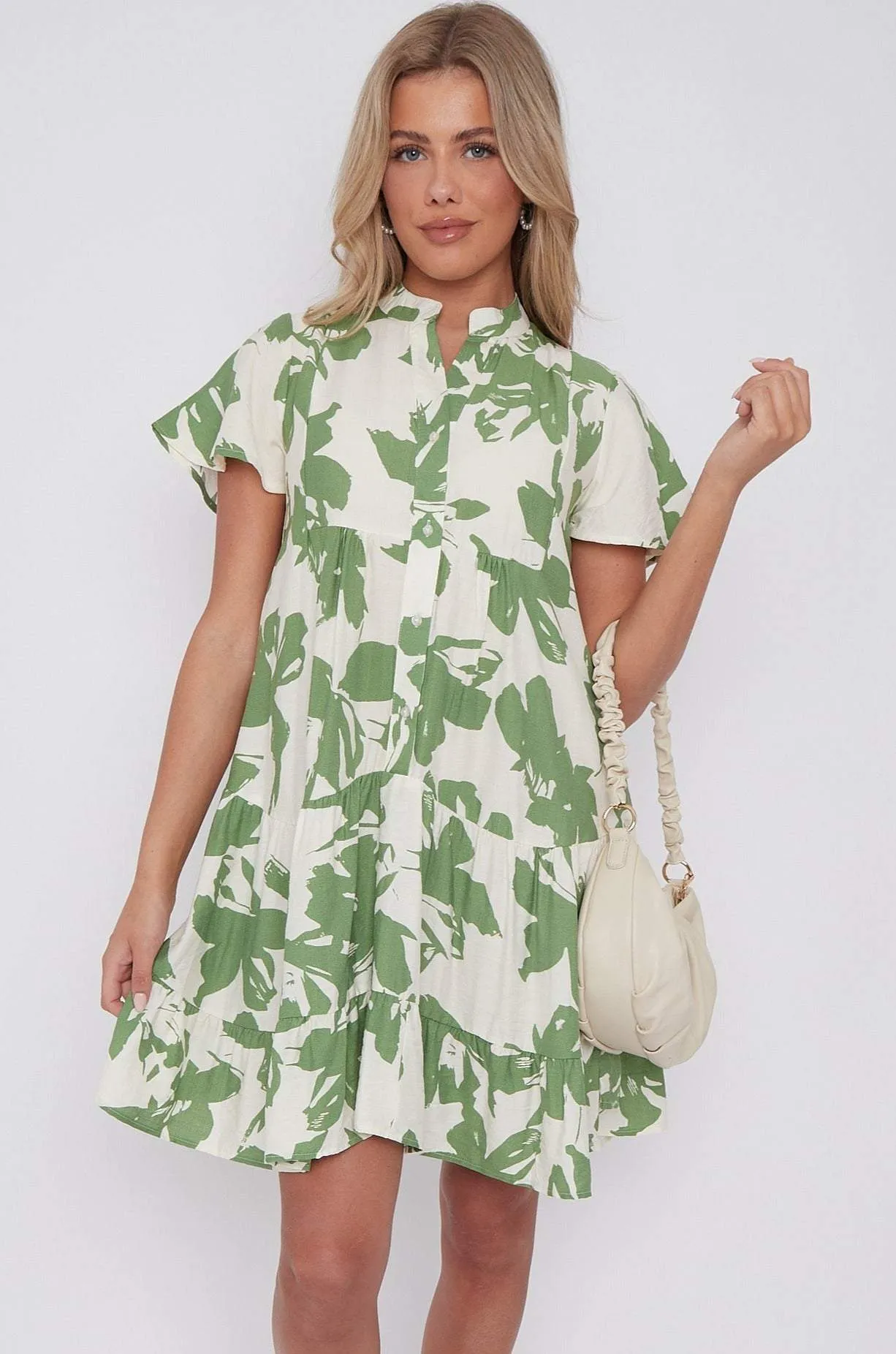 LOVE SUNSHINE Green Floral Print Short Sleeve Flared Mini Dress sold by Goddiva