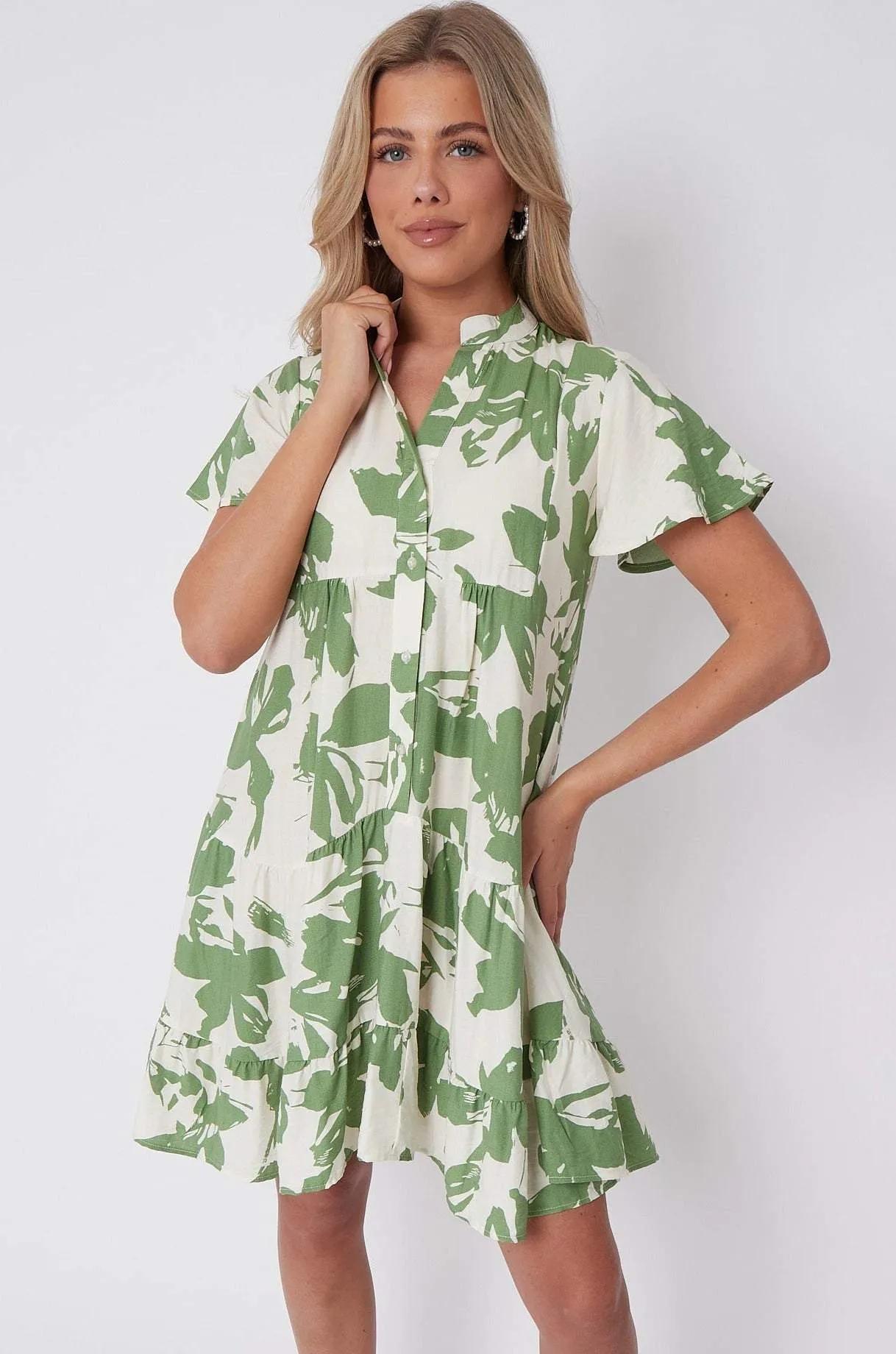 LOVE SUNSHINE Green Floral Print Short Sleeve Flared Mini Dress sold by Goddiva product image thumbnail 5