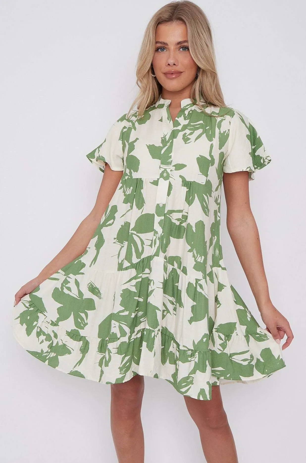 LOVE SUNSHINE Green Floral Print Short Sleeve Flared Mini Dress sold by Goddiva product image thumbnail 2