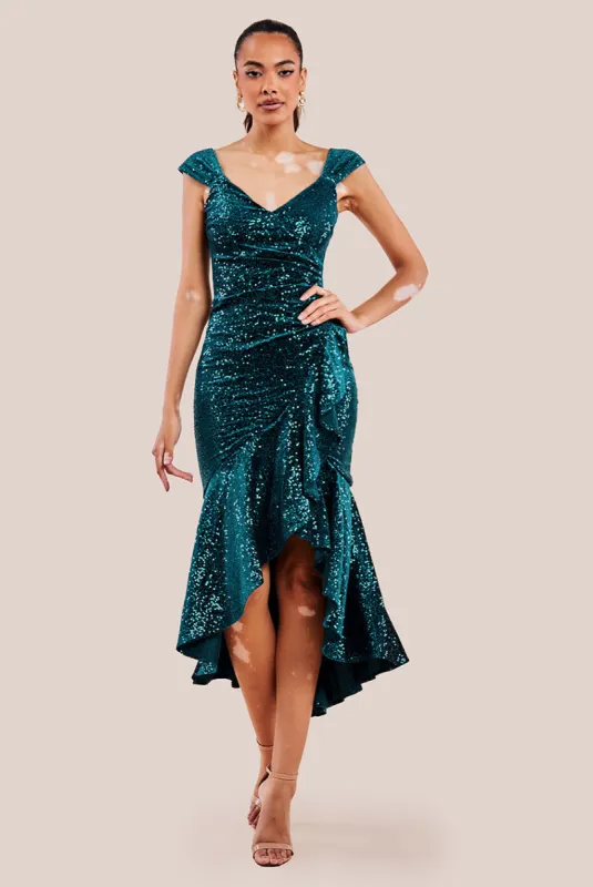 Sequin & Velvet Bardot High Low Midaxi Dress - Emerald Green by Goddiva sold by Goddiva