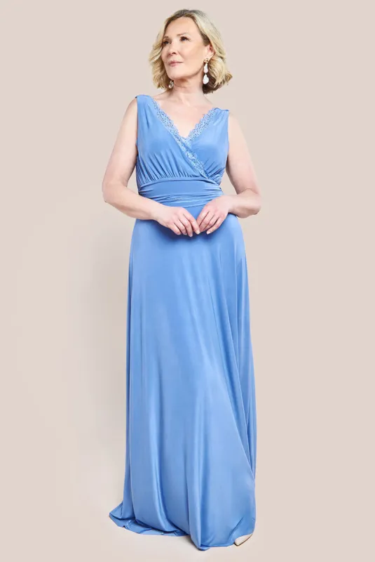 Diamante & Scalloped Lace Neck Maxi Dress - Corn Flower Blue by Goddiva sold by Goddiva
