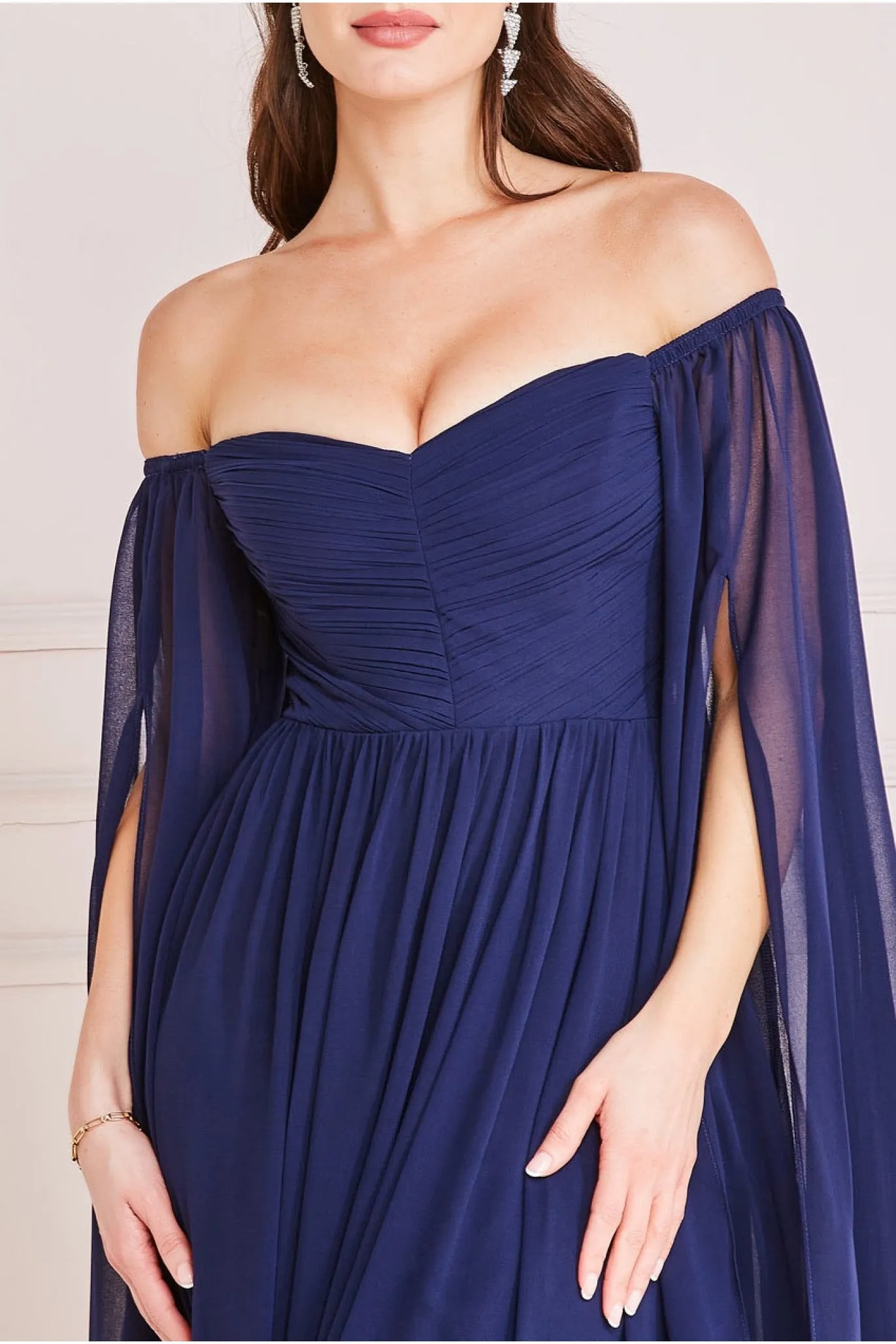 Chiffon Off The Shoulder Maxi With Cape Sleeves - Navy by Goddiva sold by Goddiva product image thumbnail 4