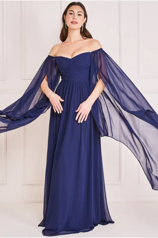 Chiffon Off The Shoulder Maxi With Cape Sleeves  - Navy by Goddiva sold by Goddiva