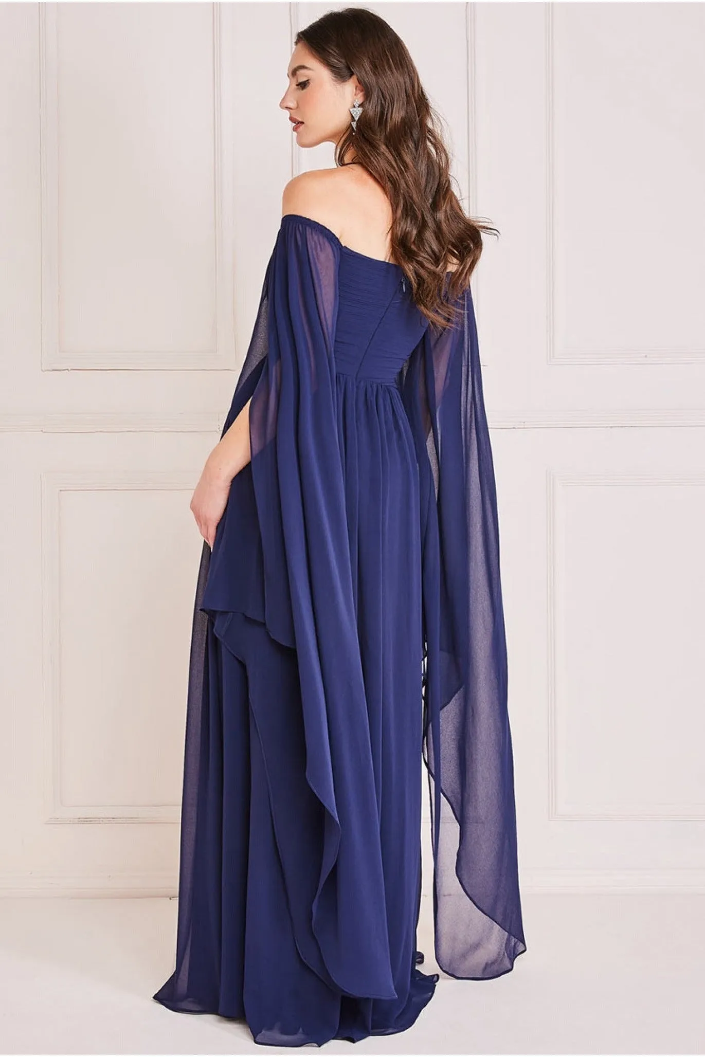 Chiffon Off The Shoulder Maxi With Cape Sleeves - Navy by Goddiva sold by Goddiva product image thumbnail 2
