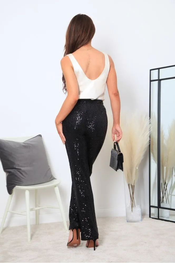 Black Wide Leg Sequin Trousers - Regular by Double Second sold by Goddiva product image thumbnail 5
