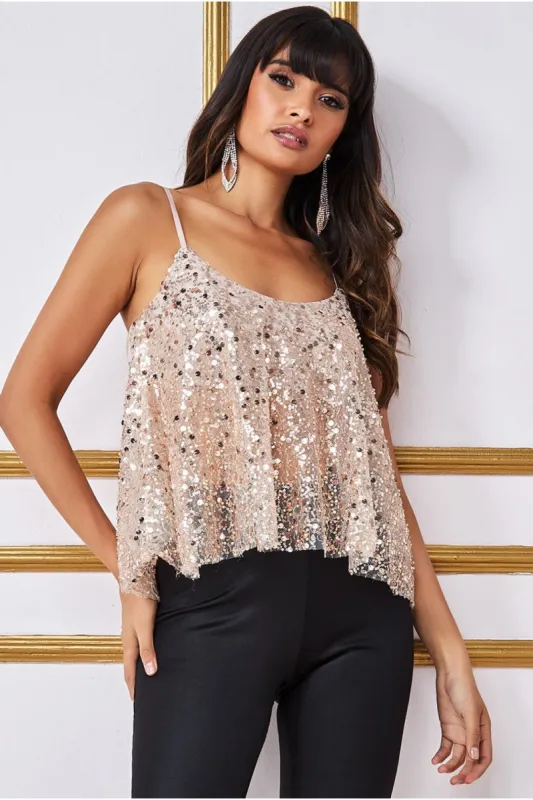 Goddiva Naked See Through Sequin Cami - Champagne sold by Goddiva