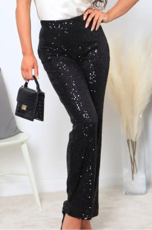 Black Wide Leg Sequin Trousers - Regular by Double Second sold by Goddiva