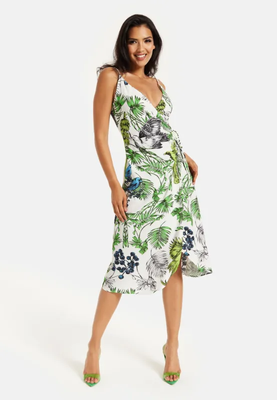 Bird And Floral Print Midi Wrap Dress by Liquorish sold by Goddiva