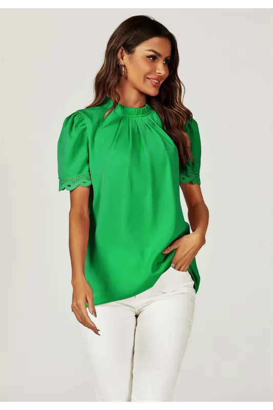 FS Collection Lace Trim Detail Short Sleeve High Neck Blouse Top In Green sold by Goddiva