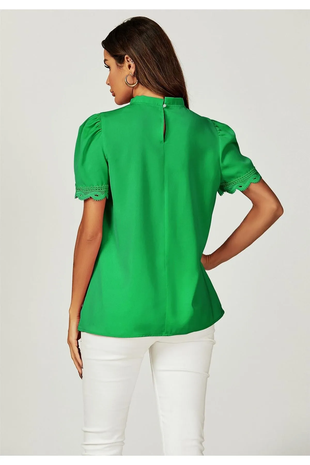 FS Collection Lace Trim Detail Short Sleeve High Neck Blouse Top In Green sold by Goddiva product image thumbnail 2