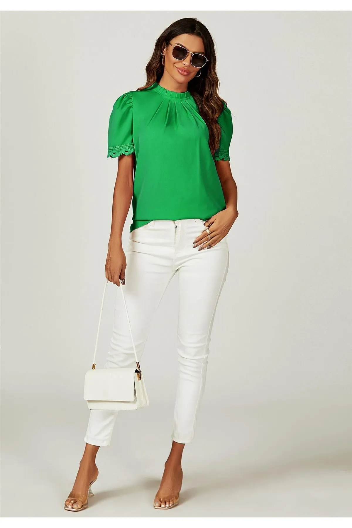 FS Collection Lace Trim Detail Short Sleeve High Neck Blouse Top In Green sold by Goddiva product image thumbnail 3