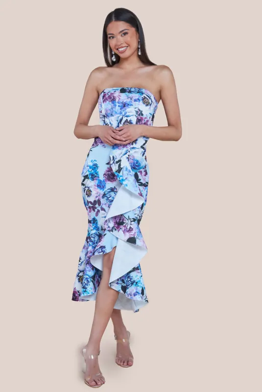 Ruffled Floral Scuba Foam Bandeau Midi Dress - Blue by Goddiva sold by Goddiva