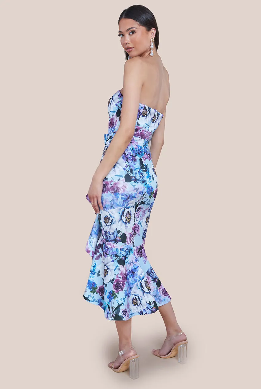 Ruffled Floral Scuba Foam Bandeau Midi Dress - Blue by Goddiva sold by Goddiva product image thumbnail 2
