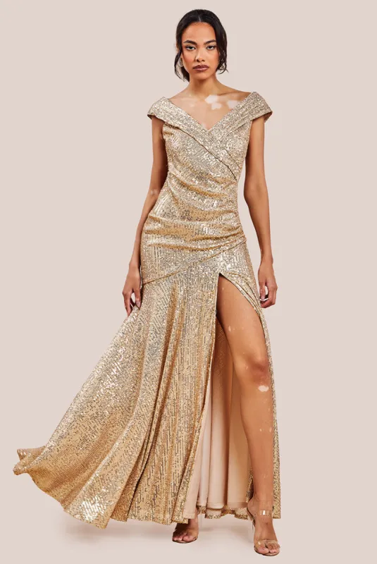 Bardot Sequin Pleated Maxi Dress - Gold by Goddiva sold by Goddiva