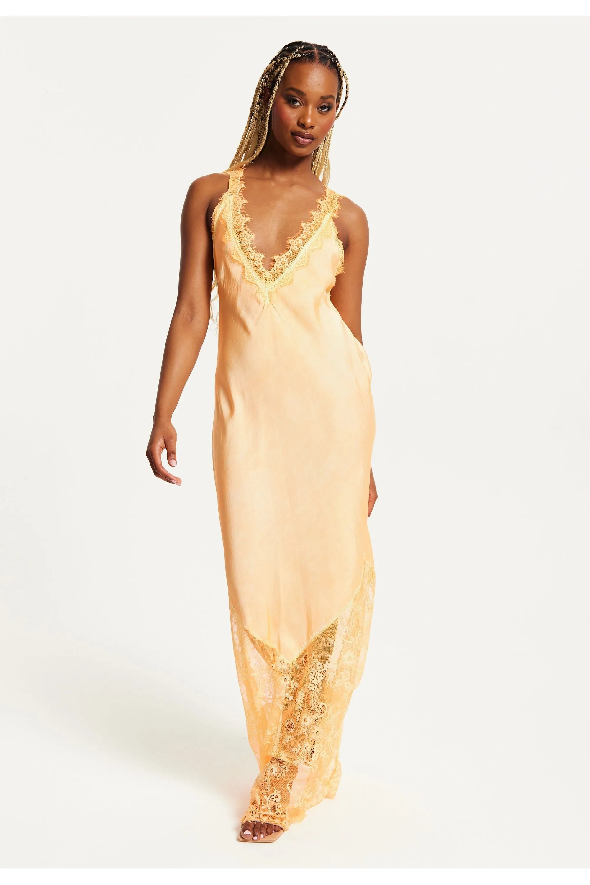 Liquorish Lace Detailed V Neck Maxi Dress In Orange sold by Goddiva