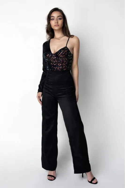 Double Second Satin Sequin Asymmetric Blazer Corset Jumpsuit sold by Goddiva