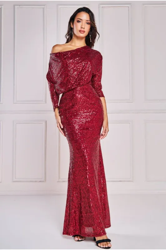 Goddiva Sequin Cowl Maxi Dress - Wine sold by Goddiva