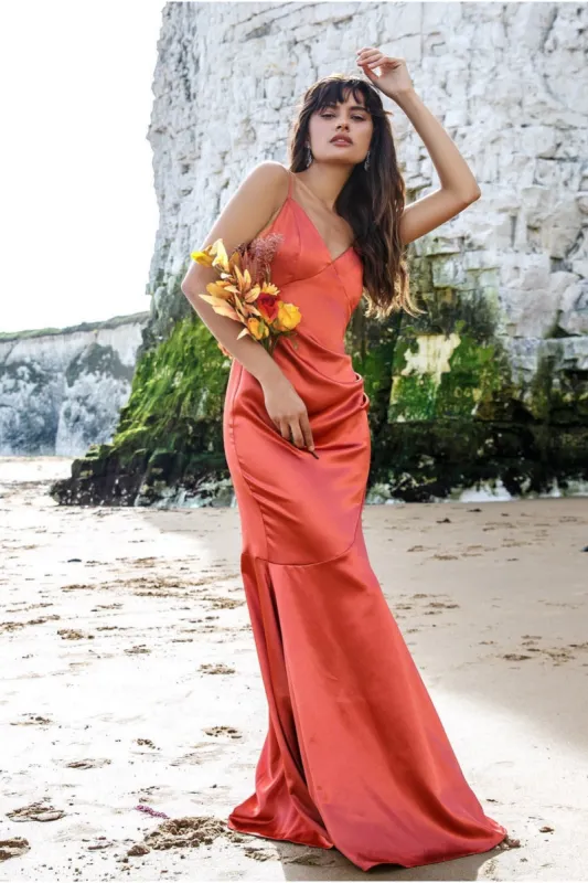 Cowl Back Satin Maxi Dress - Burntorange by Goddiva sold by Goddiva