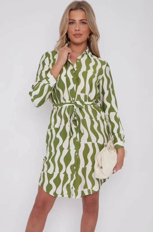 LOVE SUNSHINE Green Geo Pattern Print Mini Shirt Dress sold by Goddiva