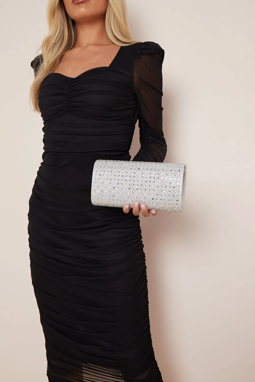 Silver Diamante Evening Clutch Bag by Aftershock London sold by Goddiva product image thumbnail 4