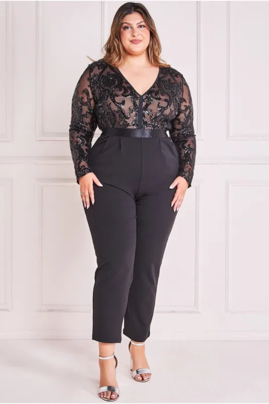 Sequin Mesh Jumpsuit - Black by Goddiva Plus sold by Goddiva