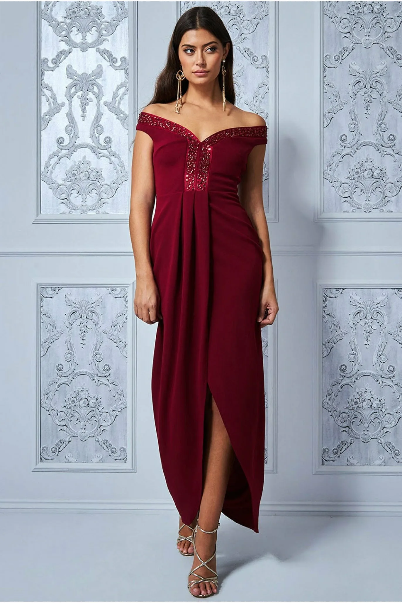 Goddiva Off The Shoulder Tulip Maxi Dress - Wine sold by Goddiva product image thumbnail 3