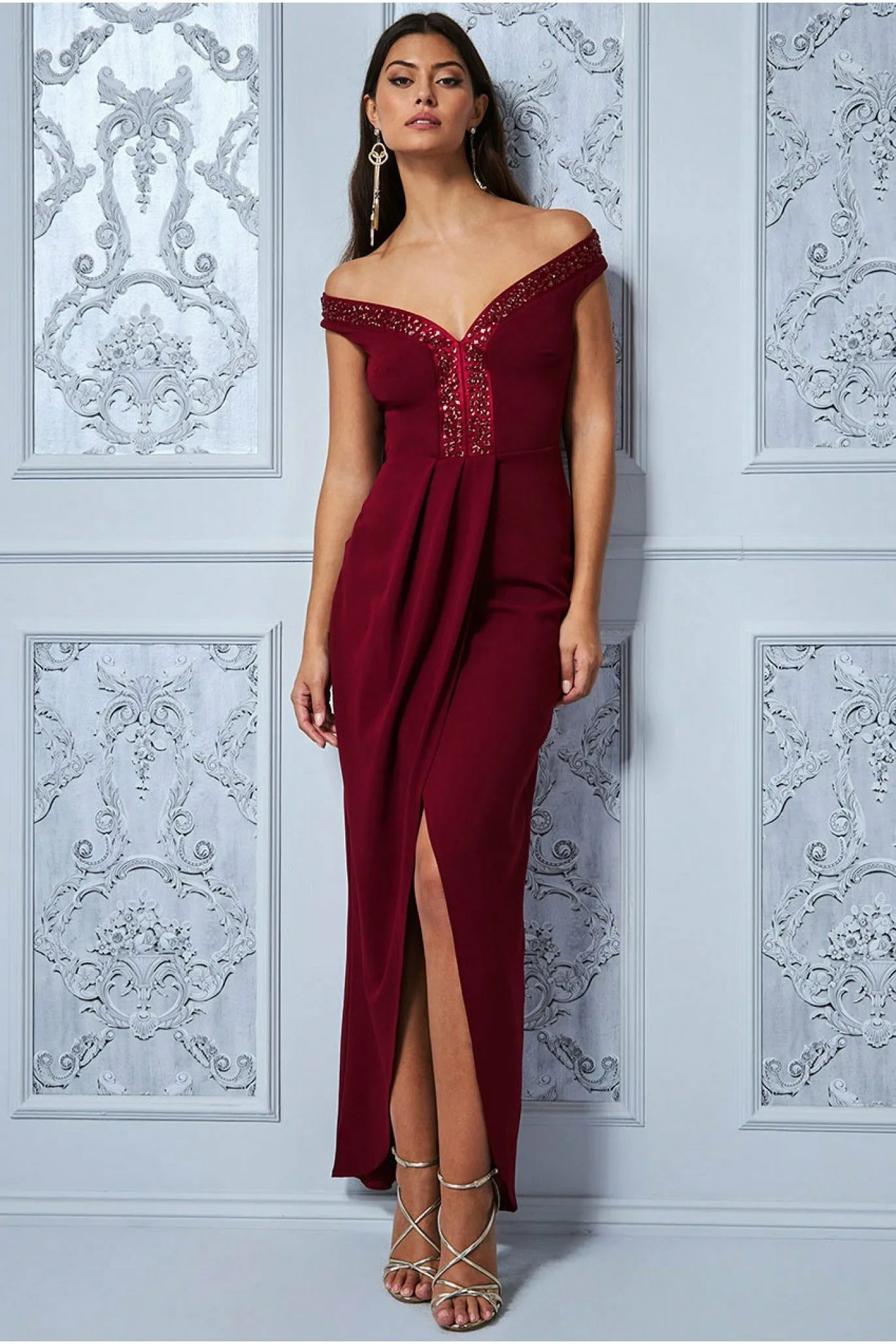 Goddiva Off The Shoulder Tulip Maxi Dress - Wine sold by Goddiva