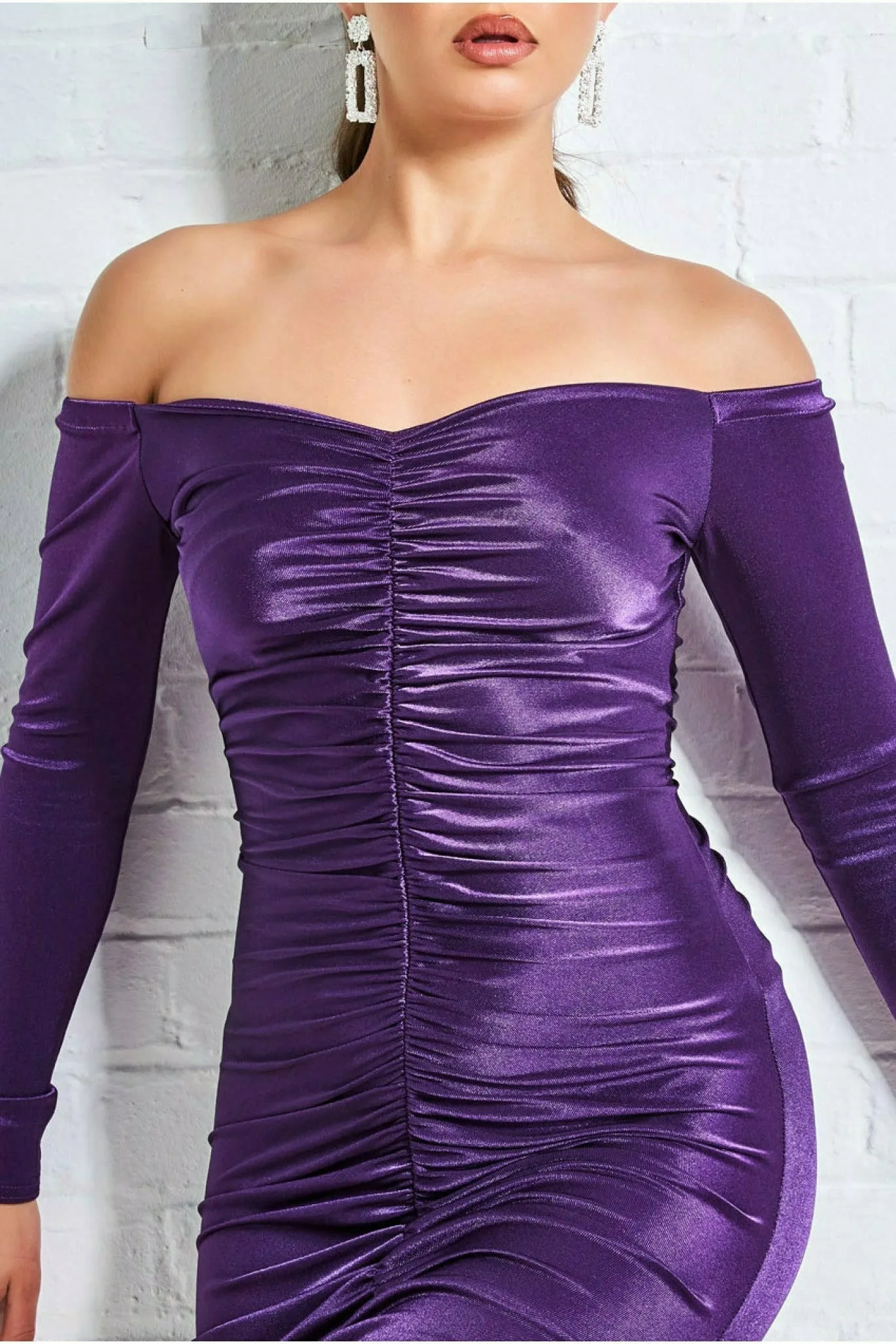 Off The Shoulder Ruched Mini - Purple by Goddiva sold by Goddiva product image thumbnail 4