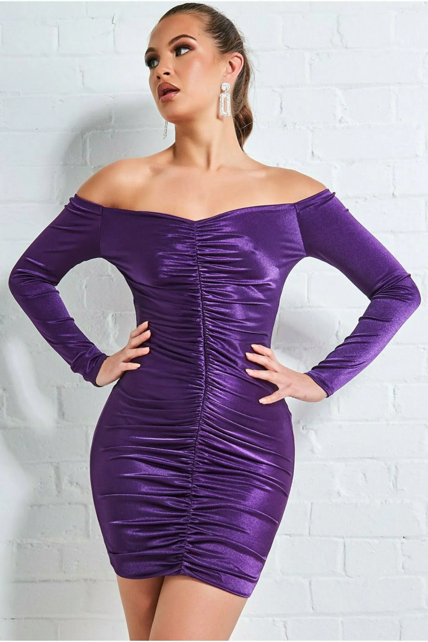 Off The Shoulder Ruched Mini - Purple by Goddiva sold by Goddiva