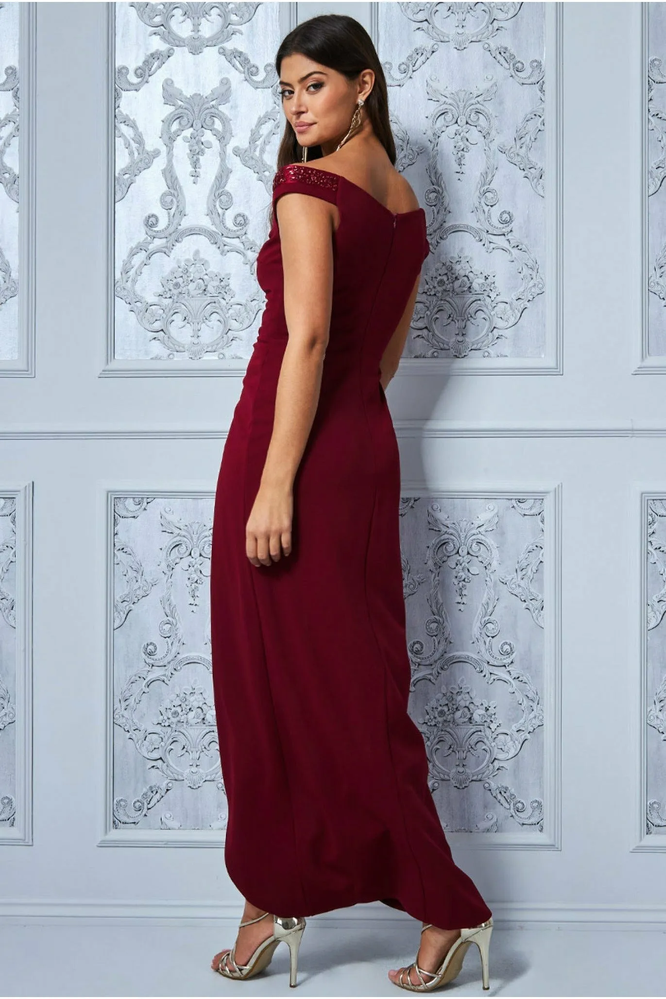 Goddiva Off The Shoulder Tulip Maxi Dress - Wine sold by Goddiva product image thumbnail 2