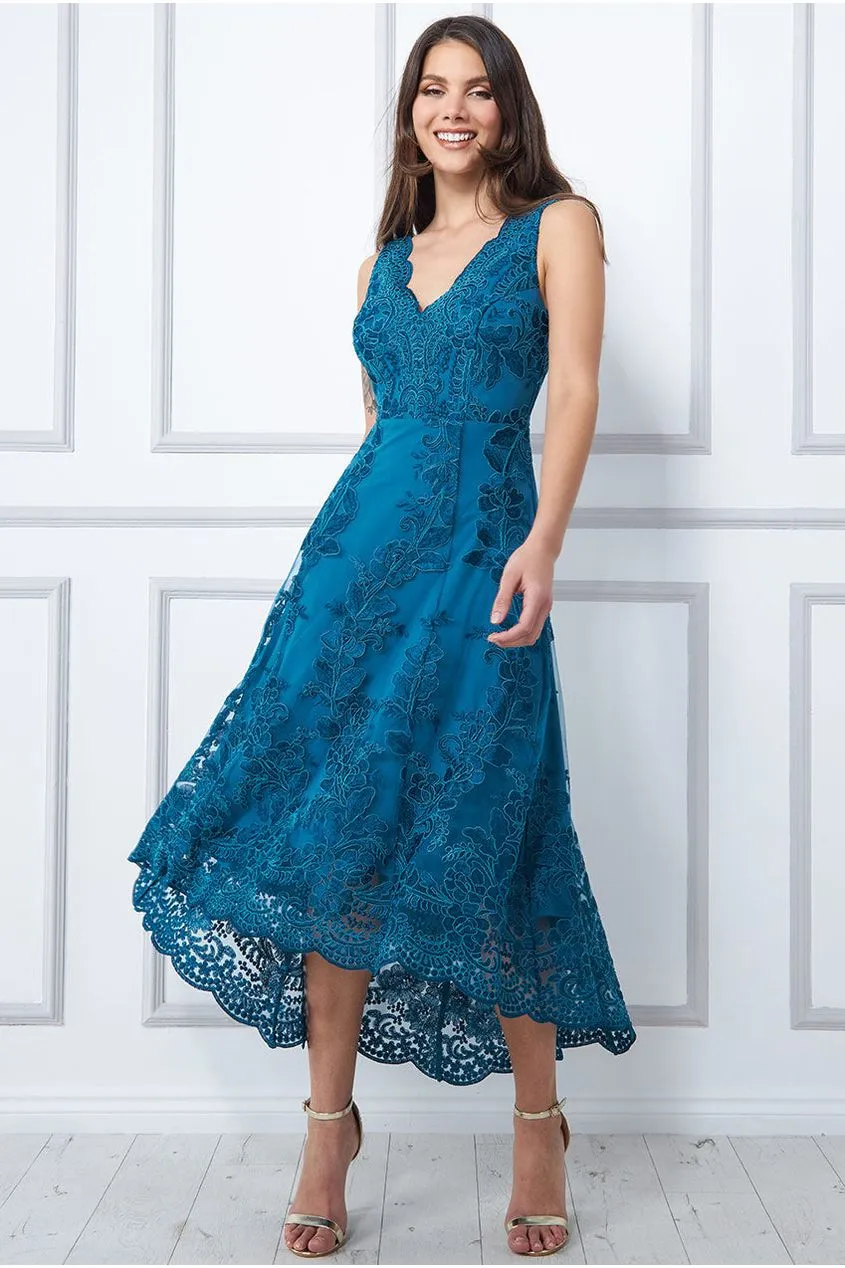 Goddiva Scalloped Neck Lace Midi Dress - Teal sold by Goddiva