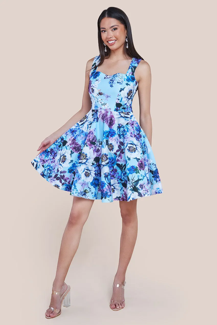 Scuba Foam Floral Skater Mini Dress - Blue by Goddiva sold by Goddiva product image thumbnail 2