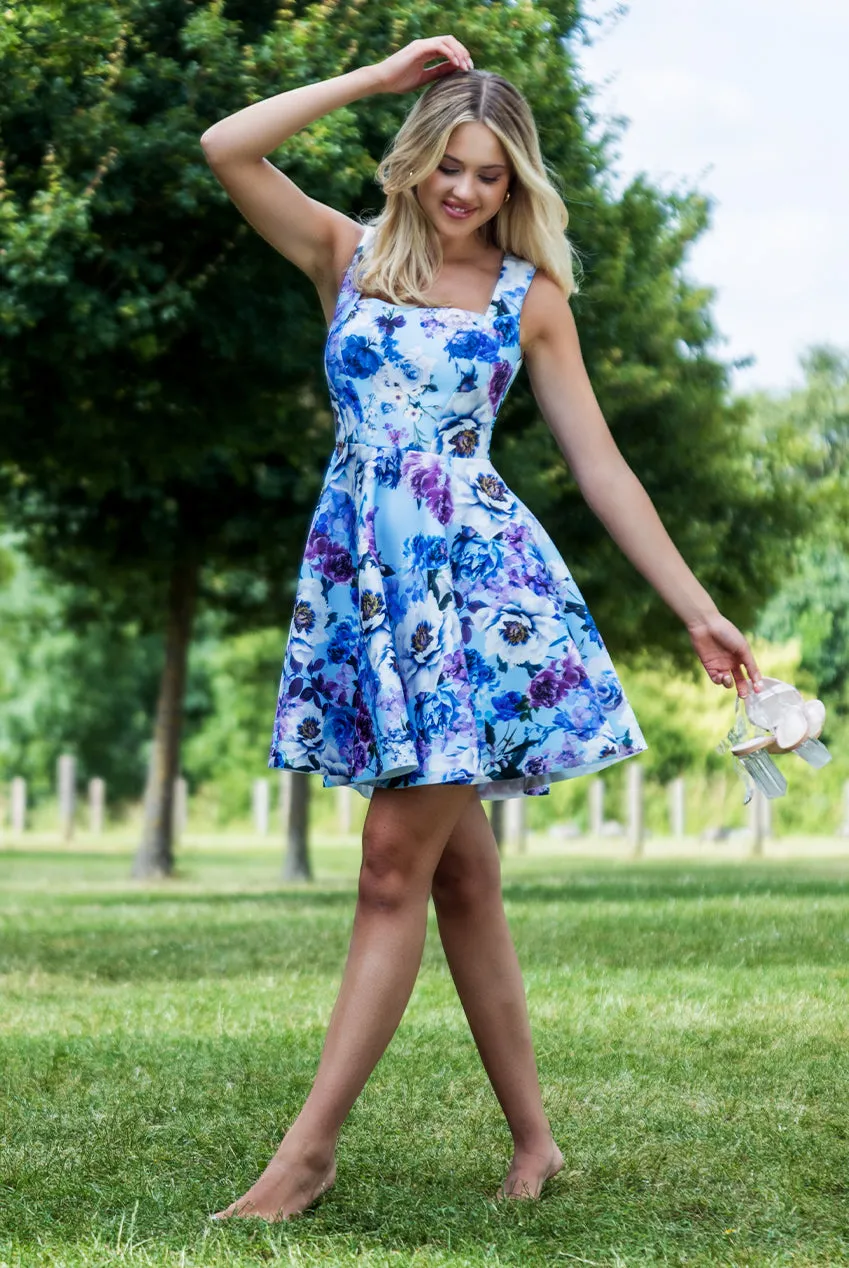 Scuba Foam Floral Skater Mini Dress - Blue by Goddiva sold by Goddiva