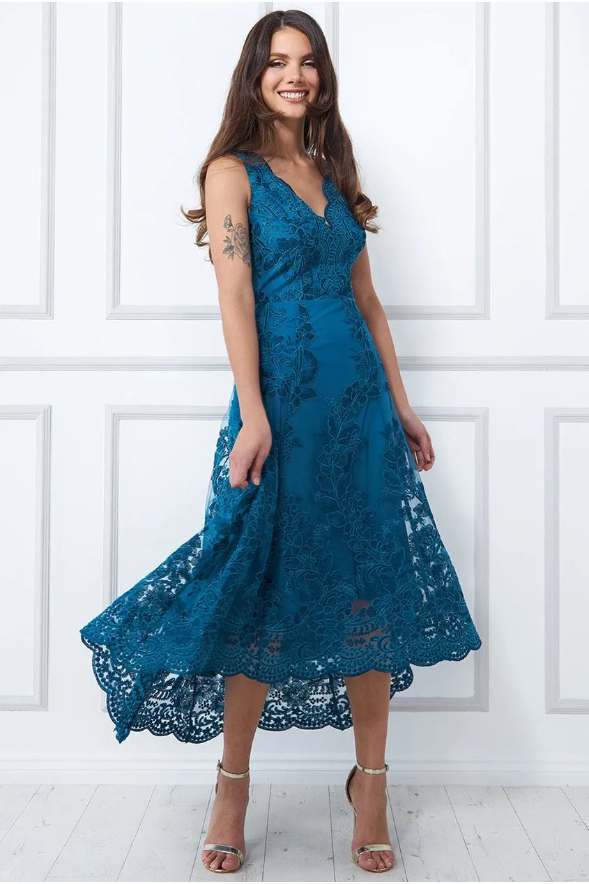 Goddiva Scalloped Neck Lace Midi Dress - Teal sold by Goddiva product image thumbnail 3