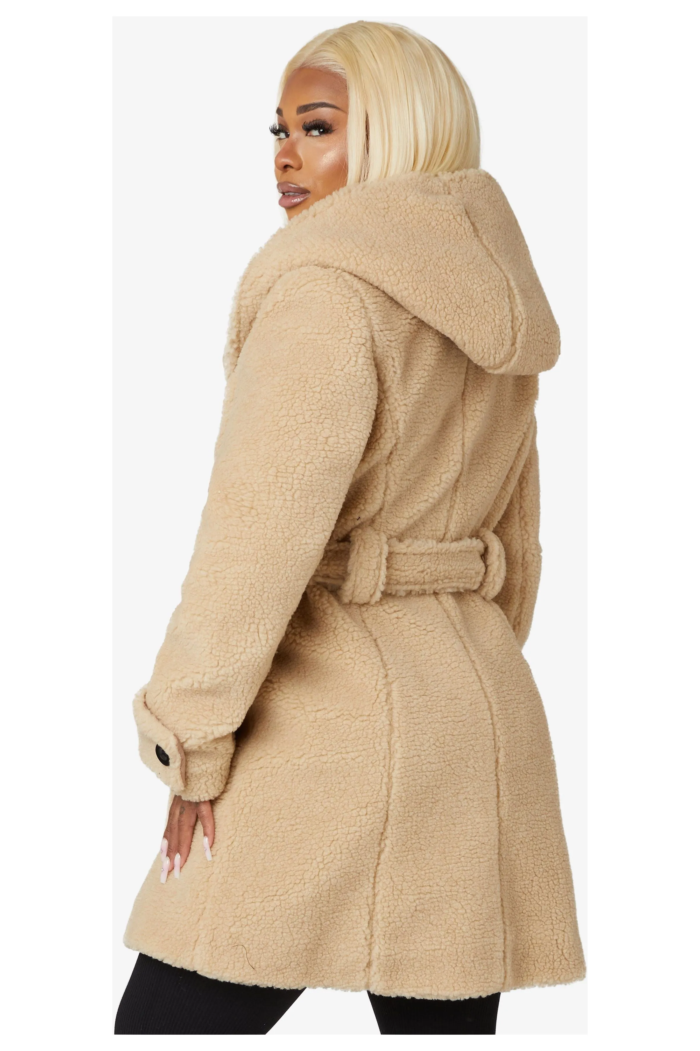 De La Creme Fashions Slim Fit Double Breasted Hooded Borg Teddy Coat sold by Goddiva product image thumbnail 3