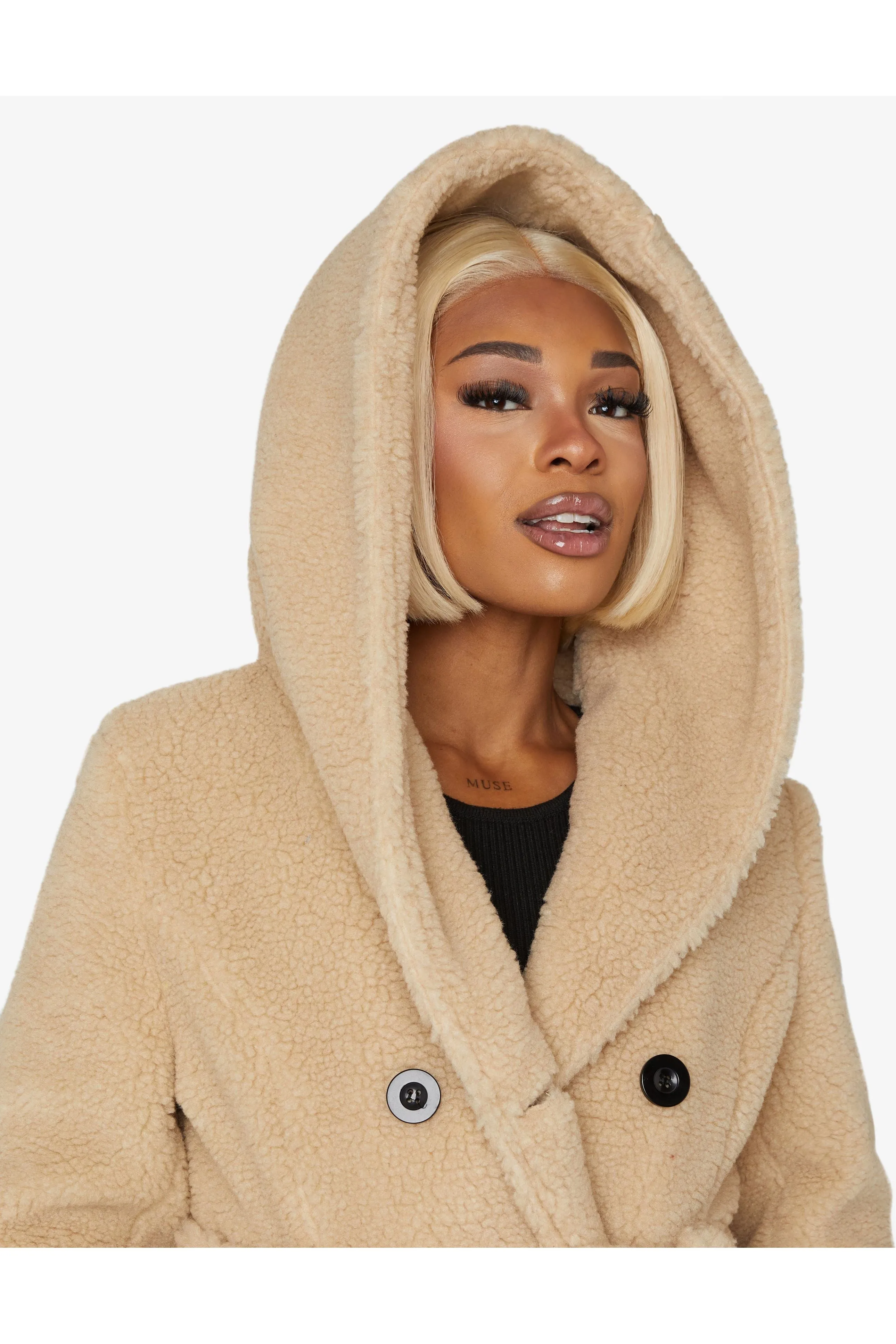 De La Creme Fashions Slim Fit Double Breasted Hooded Borg Teddy Coat sold by Goddiva product image thumbnail 4