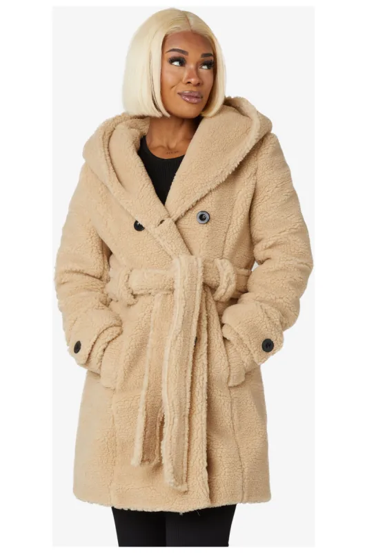 De La Creme Fashions Slim Fit Double Breasted Hooded Borg Teddy Coat sold by Goddiva