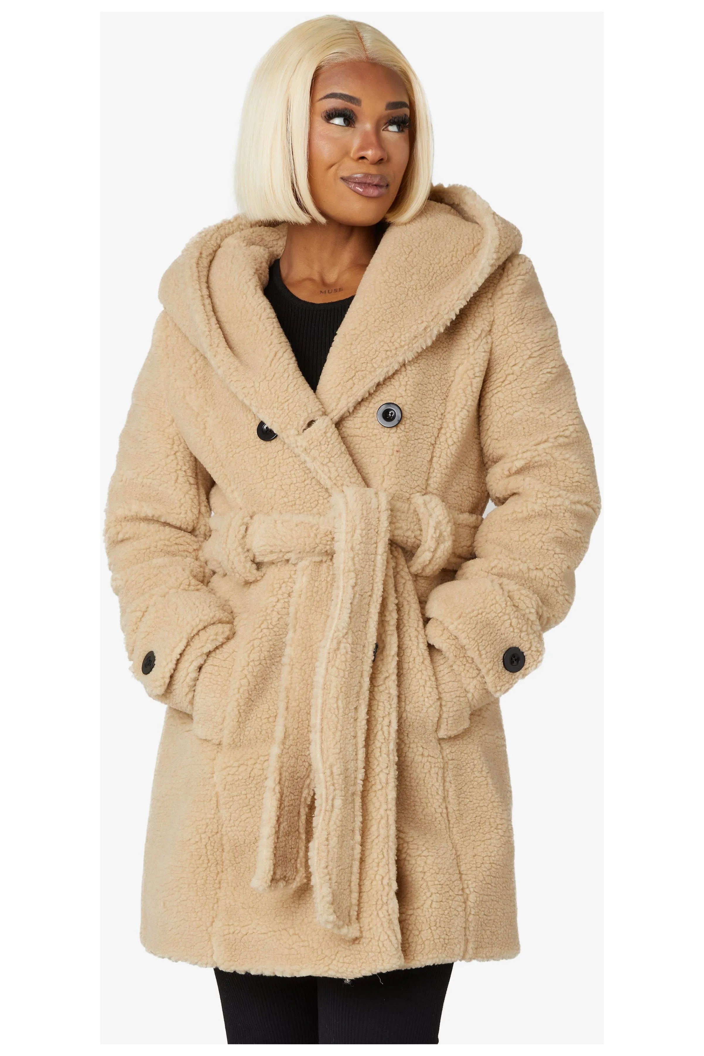 De La Creme Fashions Slim Fit Double Breasted Hooded Borg Teddy Coat sold by Goddiva